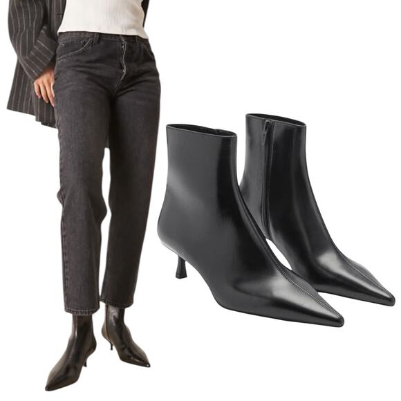 Mango MNG Pointed Toe Kitten Heel Ankle Boots Black Size 36/ 6 - Picture 1 of 14
